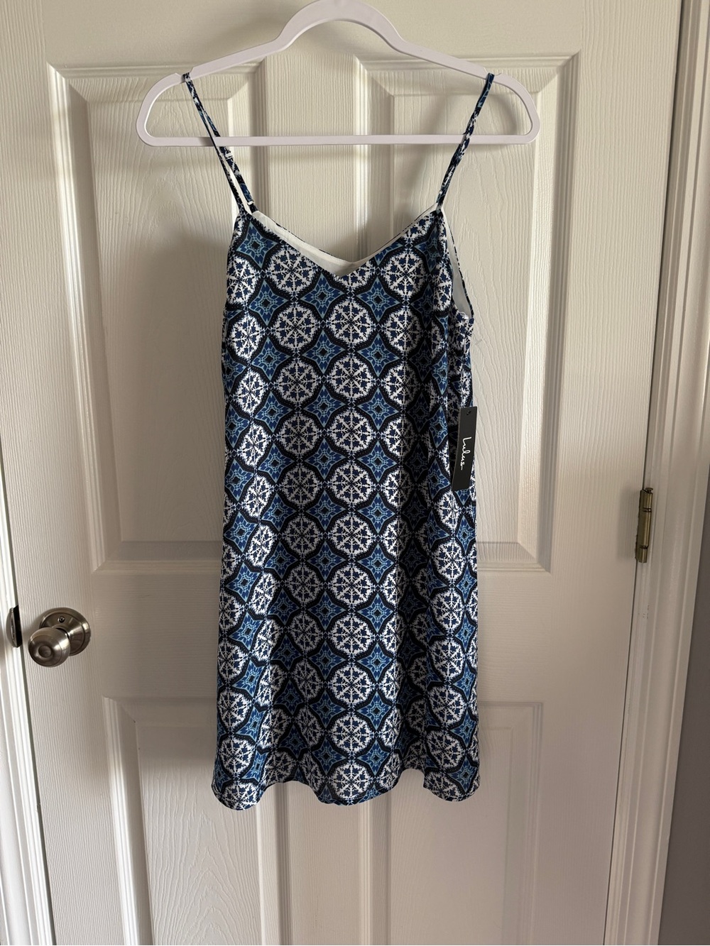Lulu's Blue and White Geo Print Mini Dress